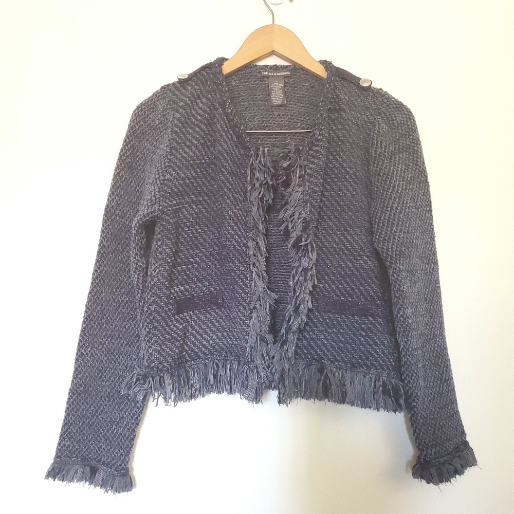 Chelsea and Theodore Cropped Fringe Tweed Blazer